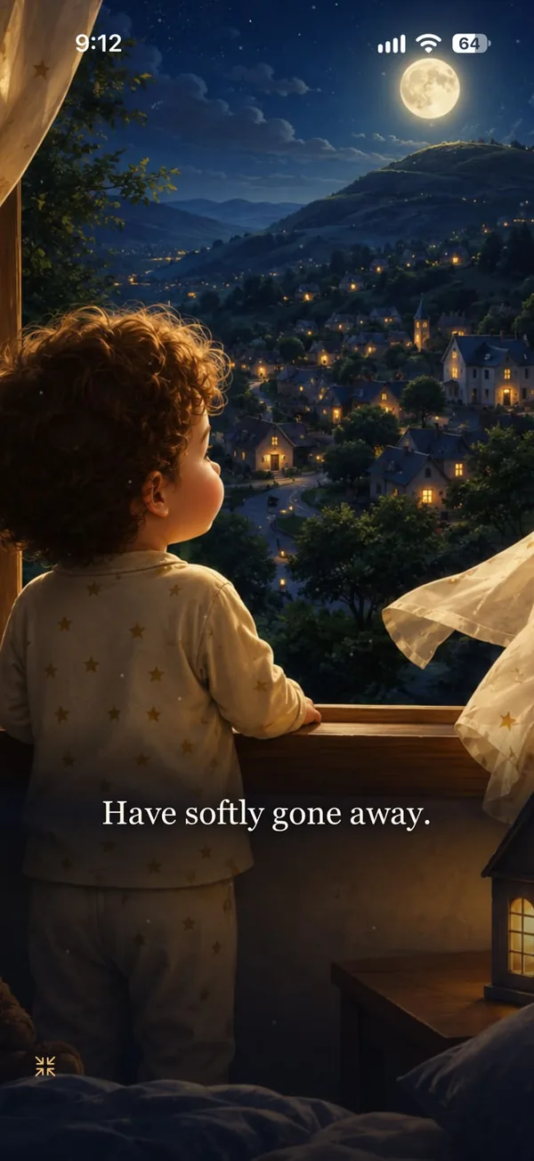 Words of a lullaby shown over a child watching a moonlit village